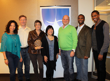 CINDERELLA. Left to Right: Kristine Bendul (cast), Ira Mont (Production Stage Manager), Robyn Goodman (Producer, with award), Ann Harada (cast), Stephen Kocis (Producer), Phumzile Sojola (cast), Robert Hartwell (cast). 