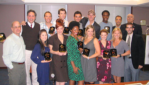 (front row, left to right) Equity President Mark Zimmerman with cast members April Berry, Beth Curry, Amber Efe, Gaelen Gilliland, Kate Wetherhead, Michelle Kittrell and Associate Producer Marc Bruni; (back row, left to right) cast members Kevin Pariseau, Paul Canaan, Andy Karl, Matt Risch, Jason Patrick Sands, Rod Harrelson,Legally Blonde Producer Hal Luftig and Equity Second Vice President and ACCA Chair Jean-Paul Richard 