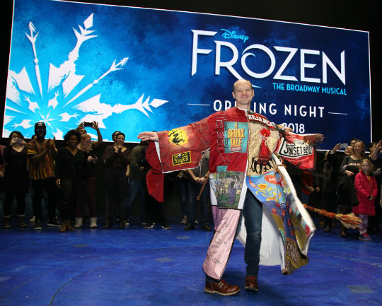 Jeremy Davis celebrates his Gypsy Robe on the Frozen stage. Photo by Walter McBride.