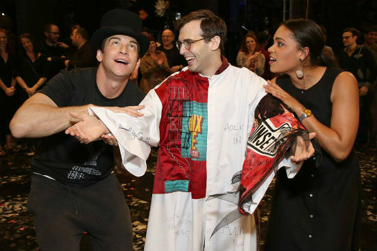 Joseph Medeiros poses with Groundhog Day stars Andy Karl and Barrett Doss.