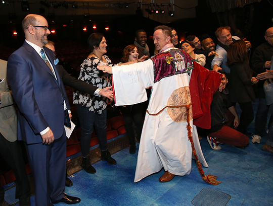 Matt Allen celebrates his Gypsy Robe with fellow members of his cast. Photo by Walter McBride.