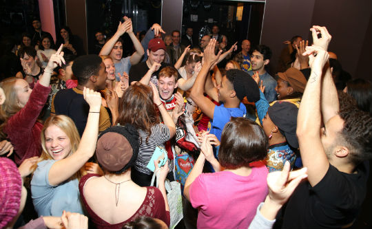 Brendon Stimson with fellow cast members of Mean Girls. Photo by Walter McBride.