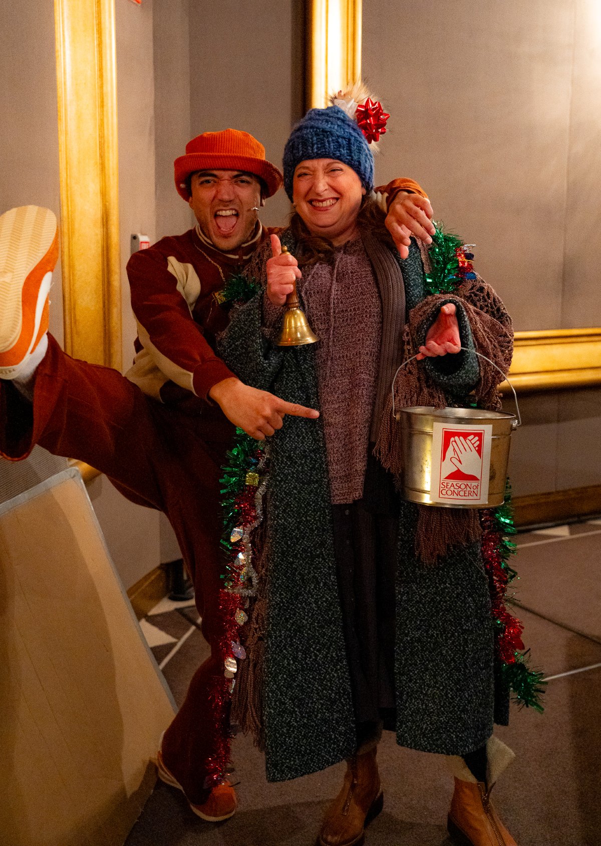 Arik Vega (left) and Equity member Kelly Anne Clark solicit the audience for Season of Concern before Sister Act at Drury Lane Theatre in Chicago