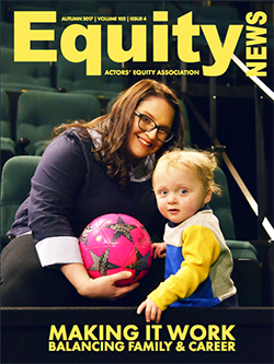 Equity News Autumn 2017 Cover: Stage Manager Amanda Spooner is pictured in the seats of the Mitzi Newhouse Theatre handing a pink soccer ball to her son Jack