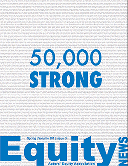 The cover of Equity News features a long list of member names in black with 50,000 Strong superimposed in blue