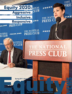 Equity News Spring 2017 cover: a photo of Kate Shindle speaking at the podium of the National Press Club