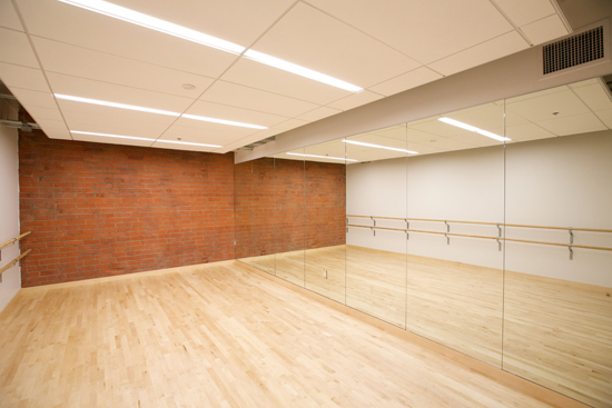 A warm-up room featuring a wood floor and one wall covered in mirrors facing a wall with ballet barre