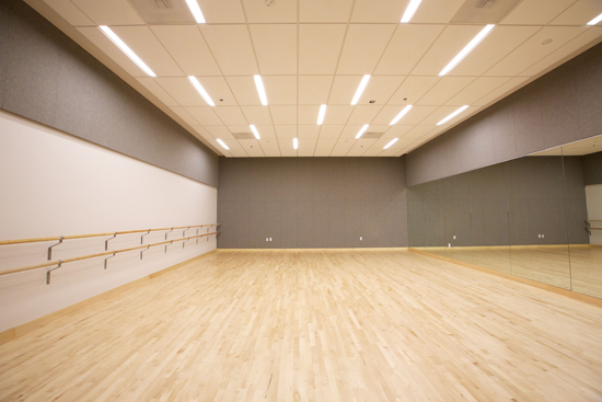 A bright, open room with a mirror covering one wall facing another wall with ballet barre